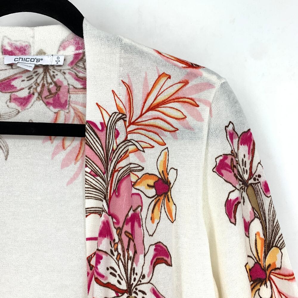 Chicos 3/4 Sleeve Open Front Crop Cardigan Sweater Sz 0 US S Floral Tiger Print - Picture 3 of 6
